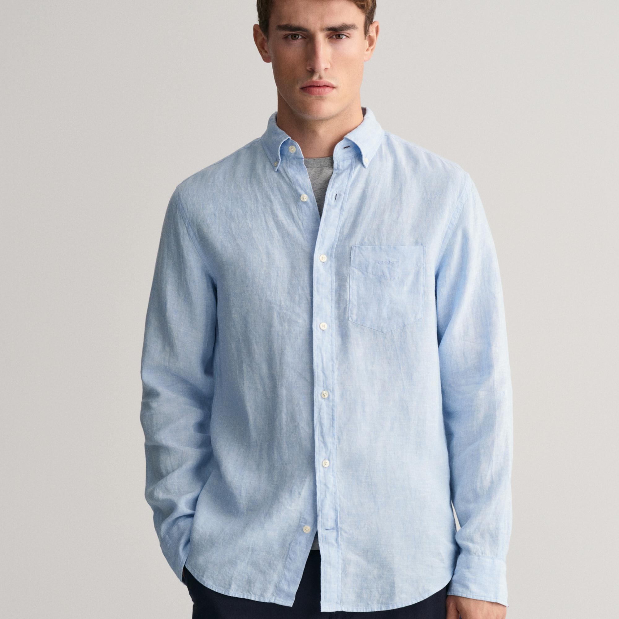 GANT Erkek Mavi Regular Fit Düğmeli Yaka Keten Gömlek