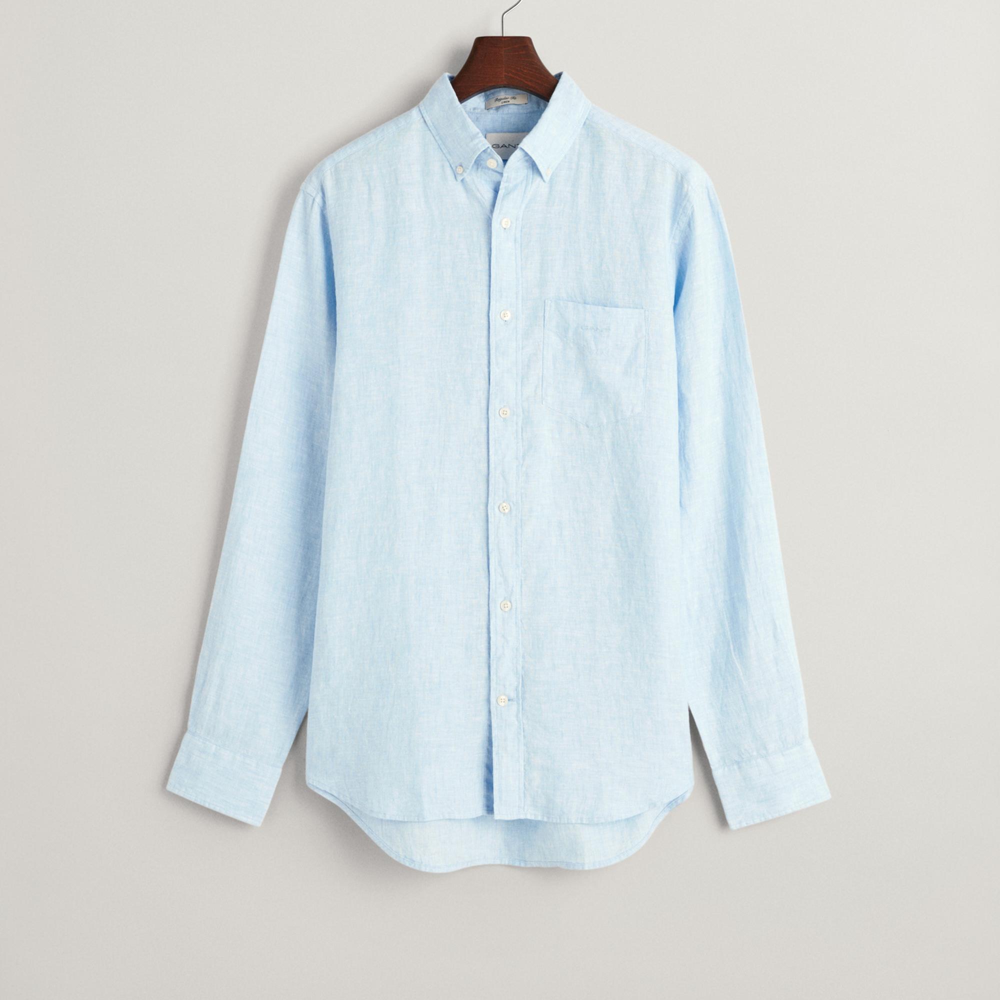 GANT Erkek Mavi Regular Fit Düğmeli Yaka Keten Gömlek