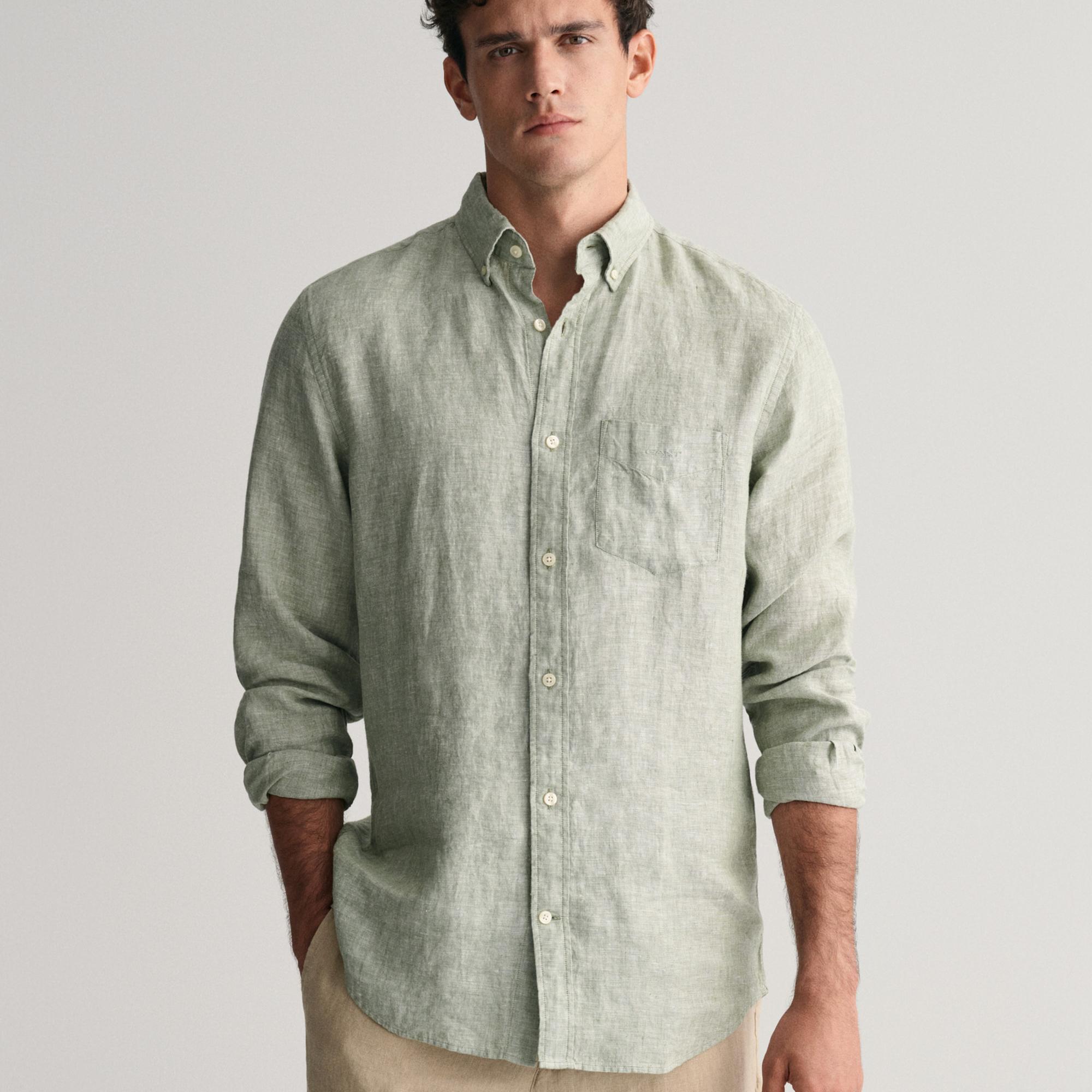 GANT Erkek Yeşil Regular Fit Düğmeli Yaka Keten Gömlek