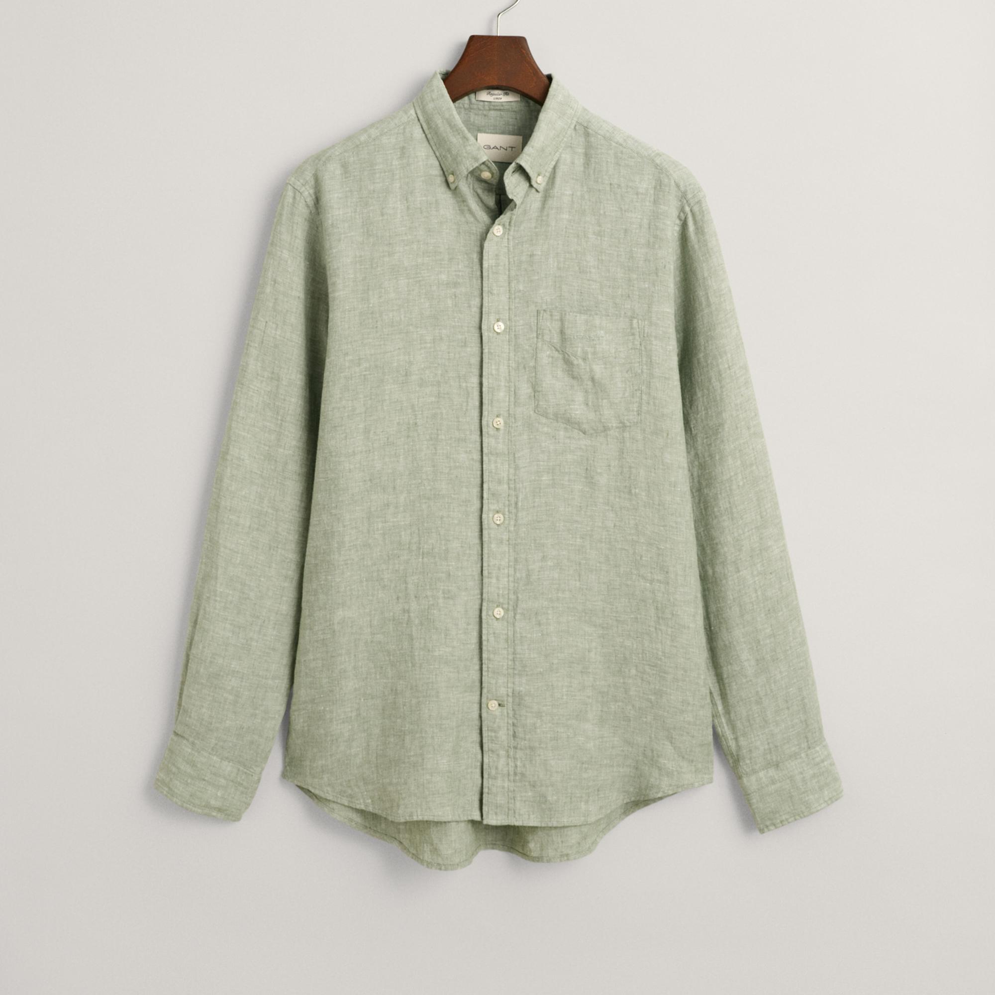 GANT Erkek Yeşil Regular Fit Düğmeli Yaka Keten Gömlek
