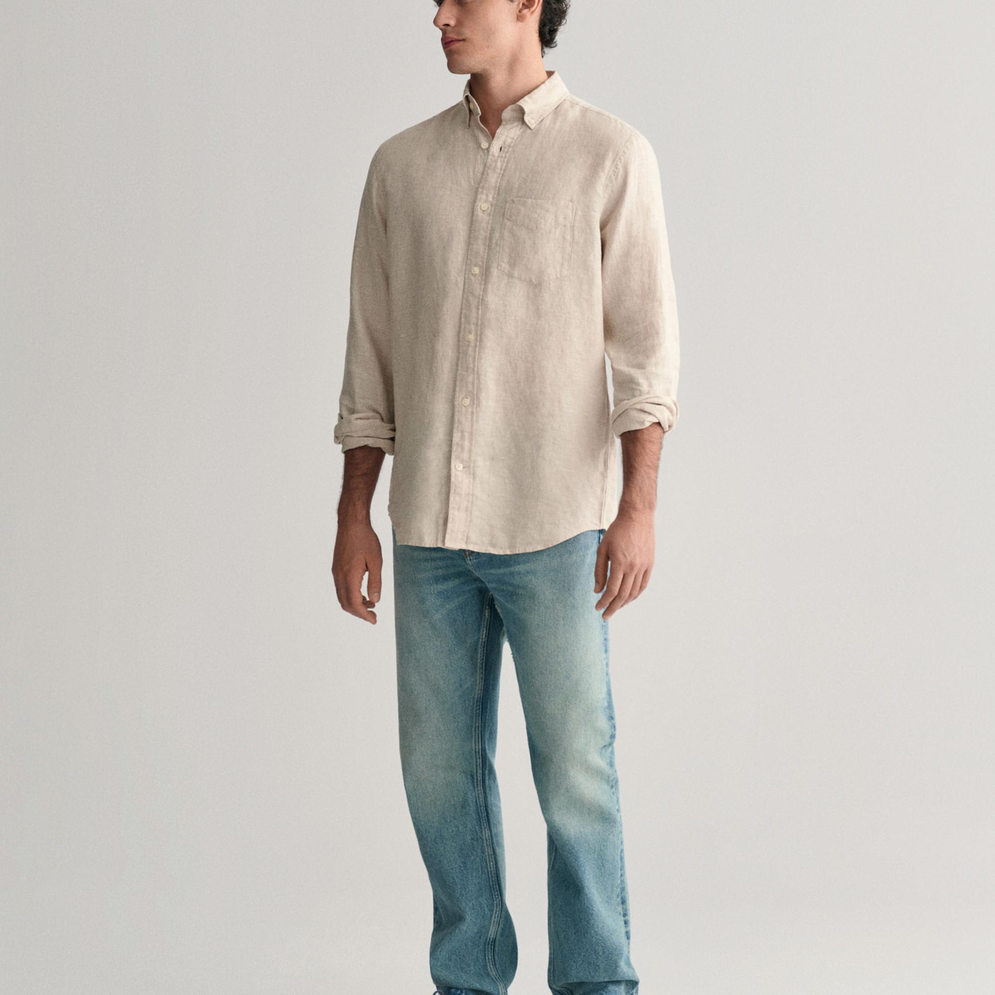 GANT Erkek Bej Regular Fit Düğmeli Yaka Keten Gömlek