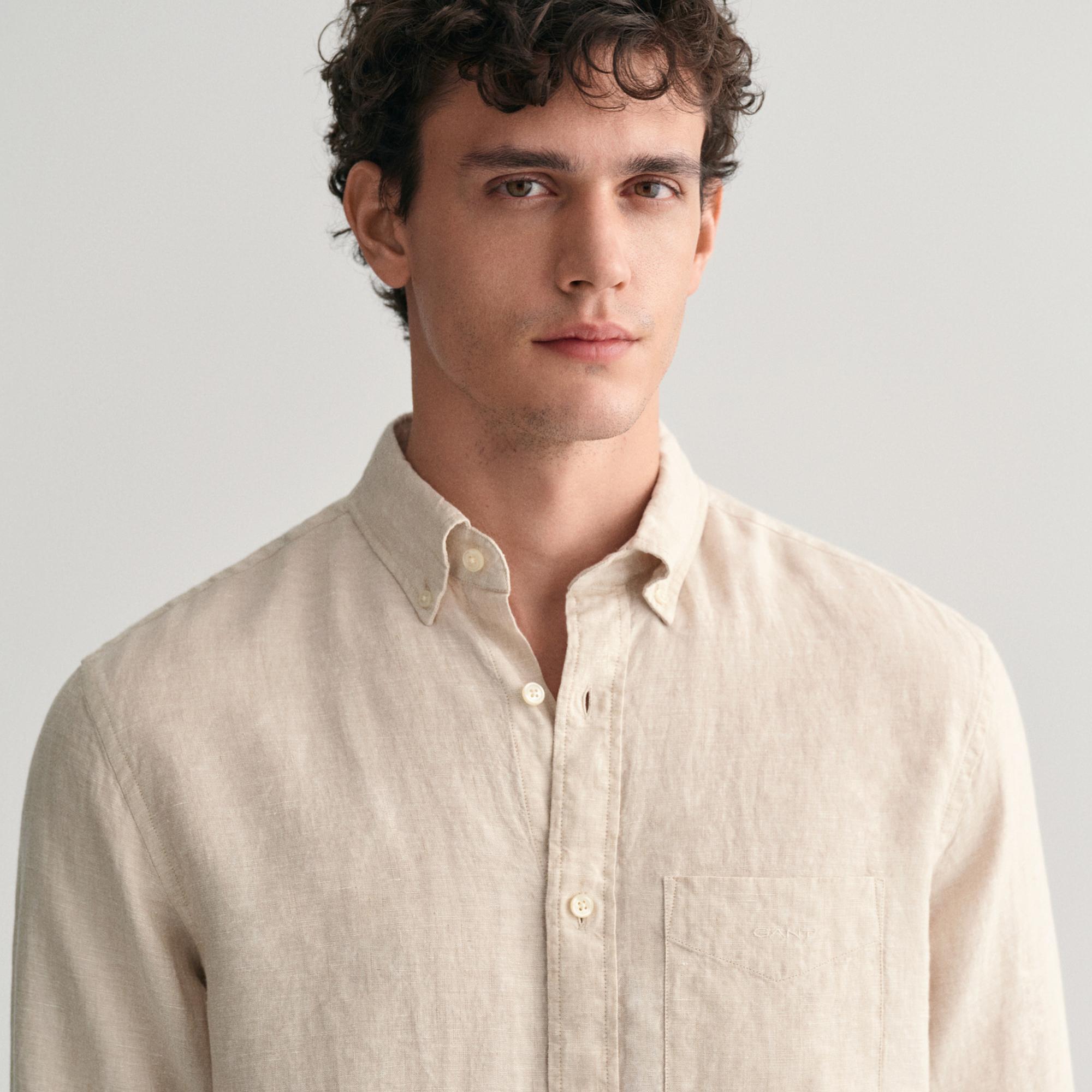 GANT Erkek Bej Regular Fit Düğmeli Yaka Keten Gömlek