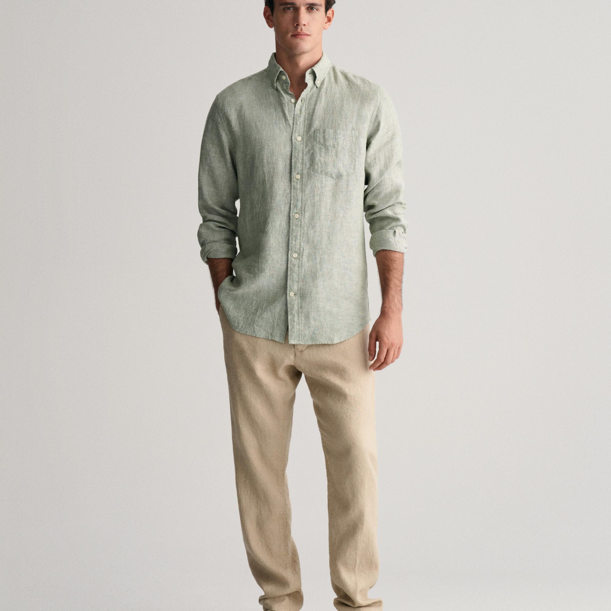 GANT Erkek Yeşil Regular Fit Düğmeli Yaka Keten Gömlek