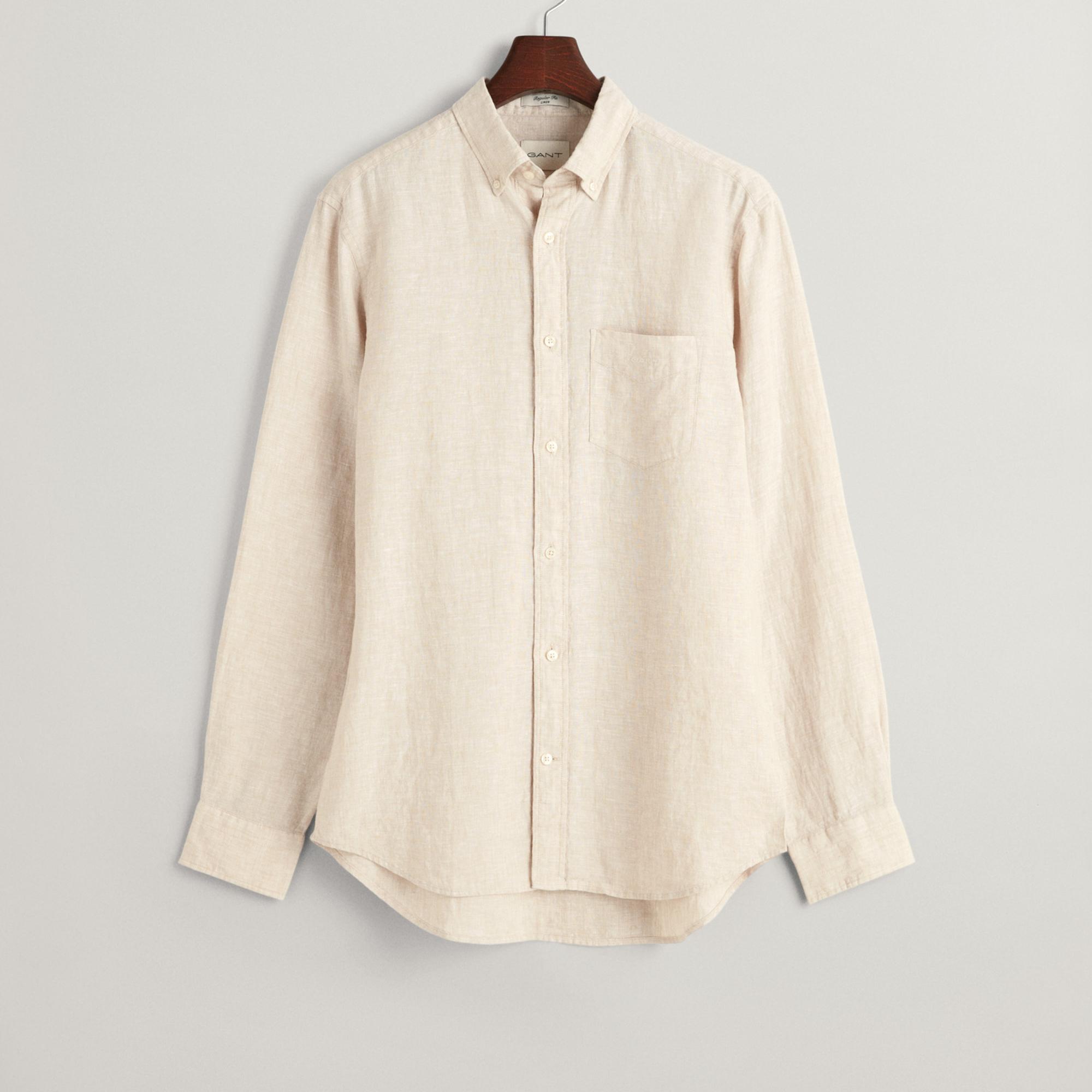 GANT Erkek Bej Regular Fit Düğmeli Yaka Keten Gömlek