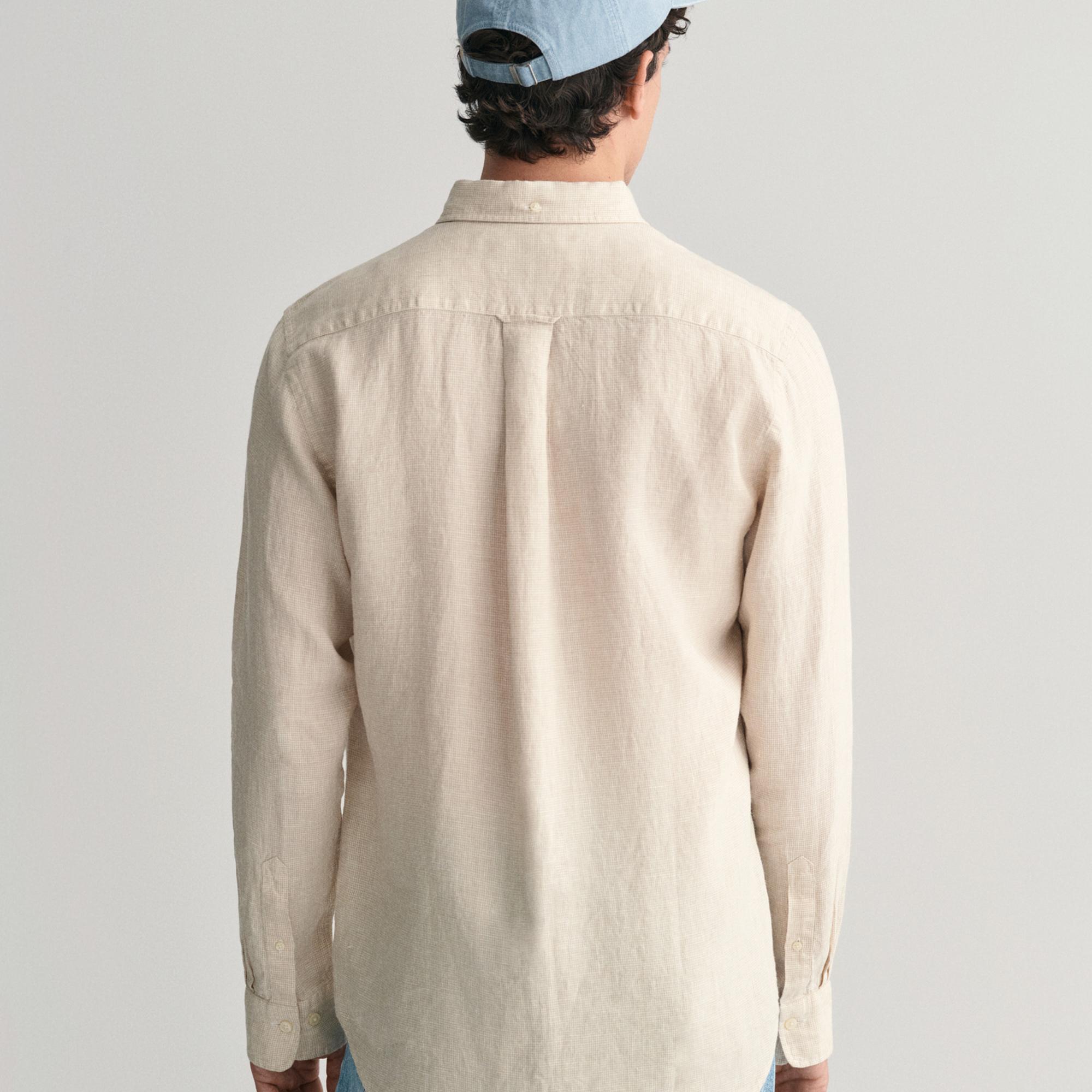 GANT Erkek Bej Regular Fit Düğmeli Yaka Kareli Keten Gömlek