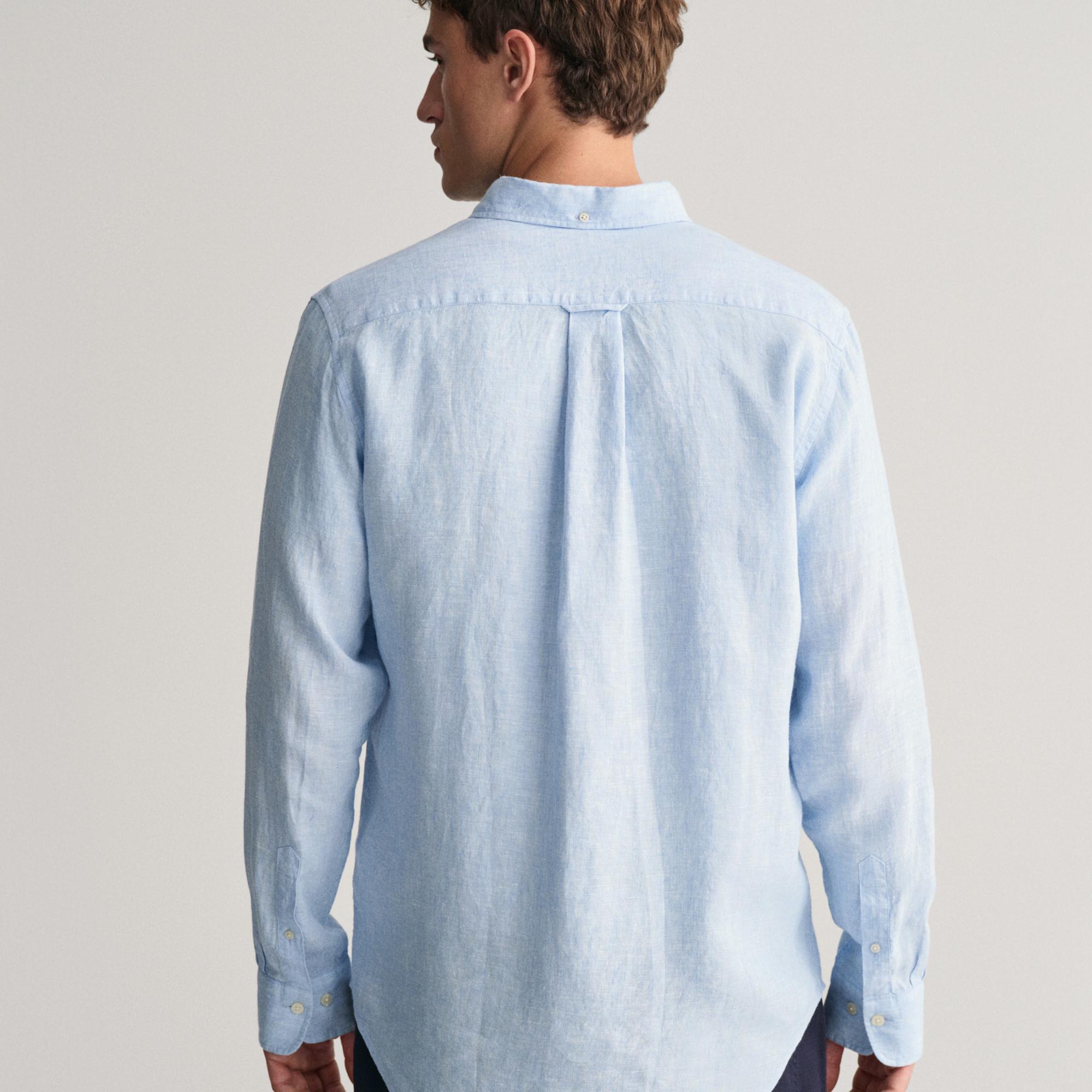 GANT Erkek Mavi Regular Fit Düğmeli Yaka Keten Gömlek