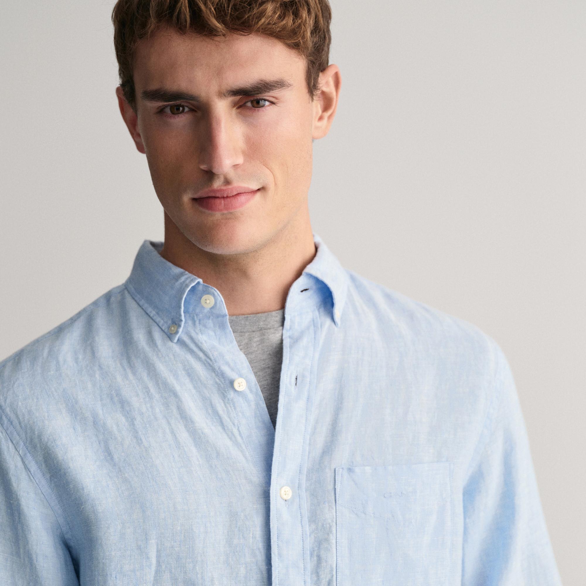 GANT Erkek Mavi Regular Fit Düğmeli Yaka Keten Gömlek