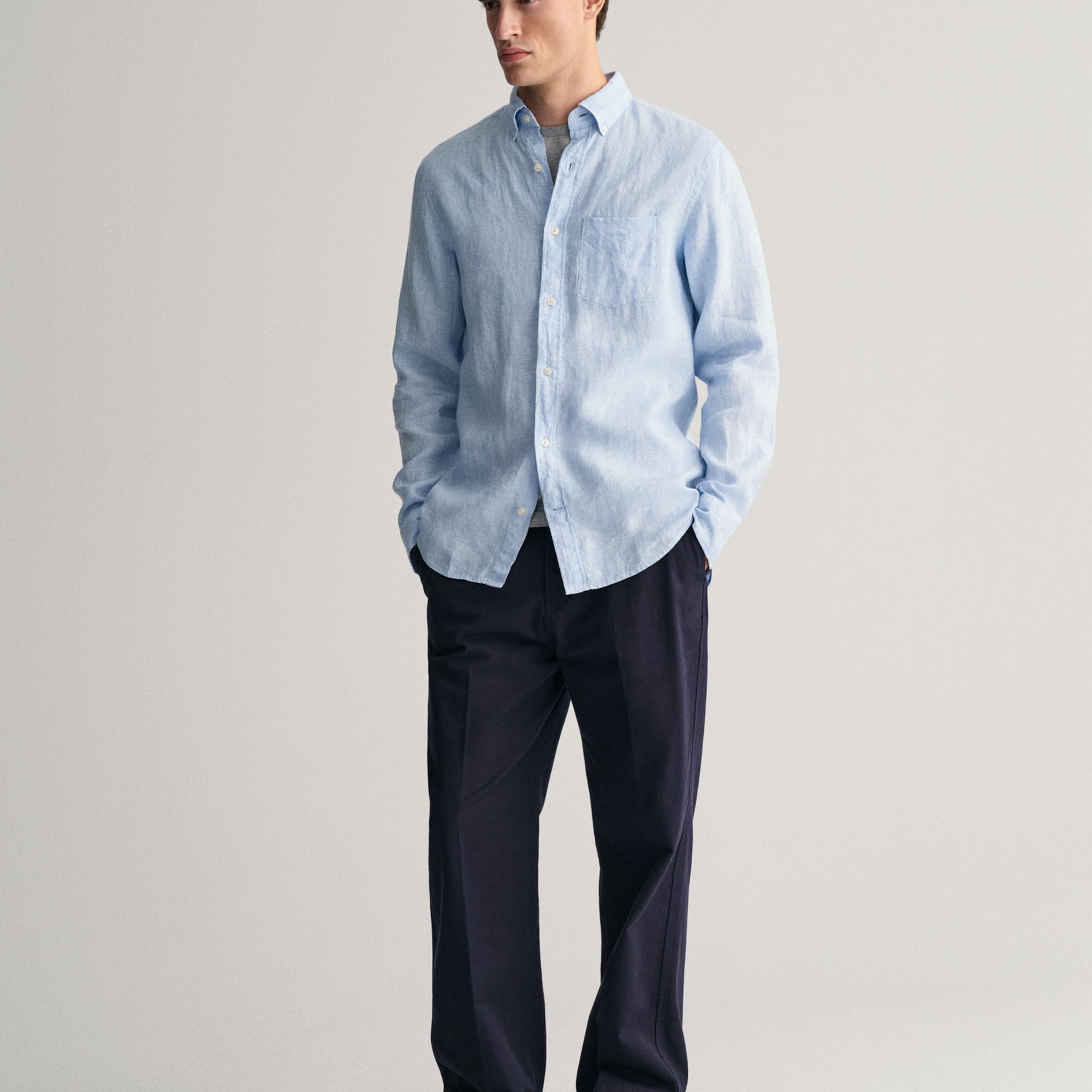 GANT Erkek Mavi Regular Fit Düğmeli Yaka Keten Gömlek