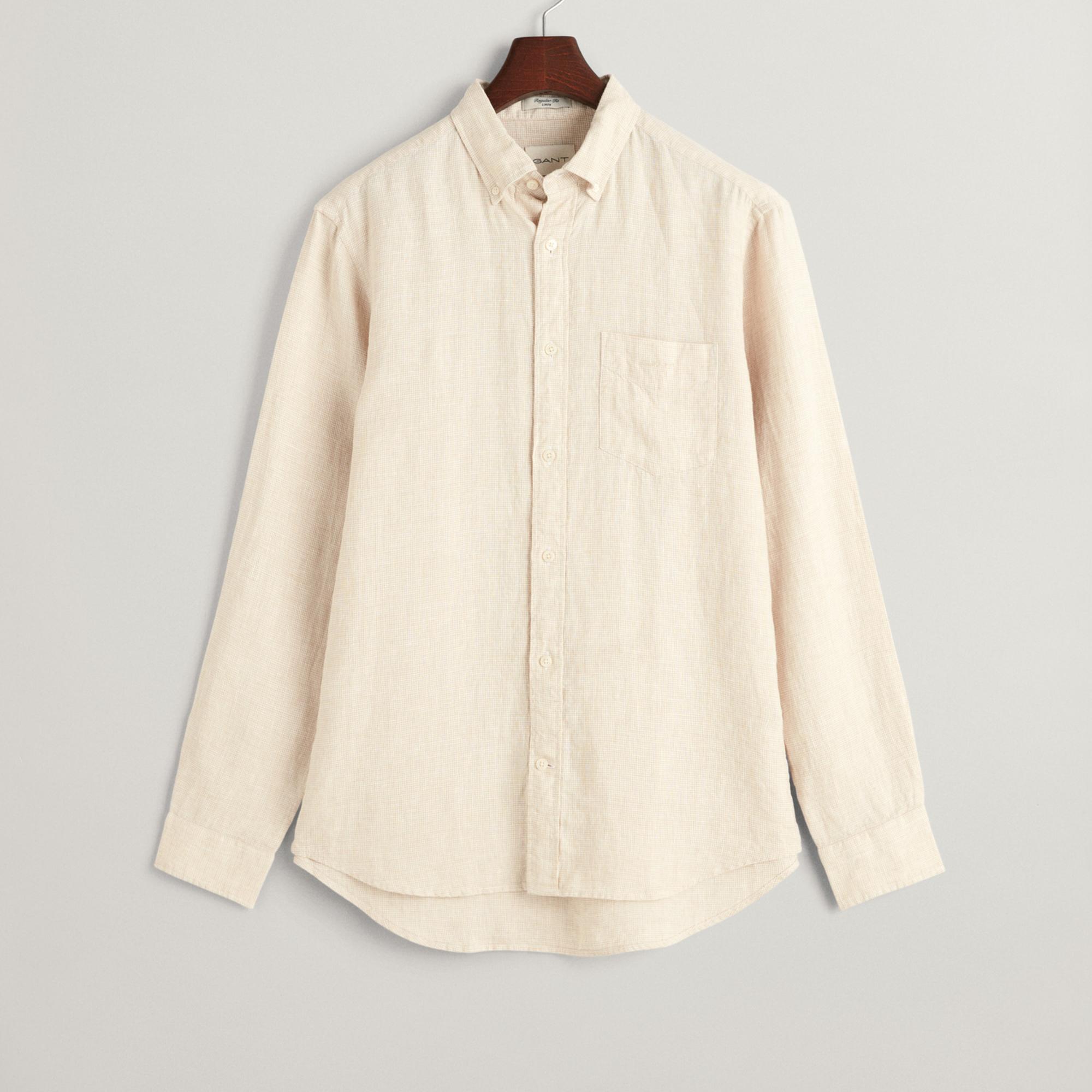 GANT Erkek Bej Regular Fit Düğmeli Yaka Kareli Keten Gömlek