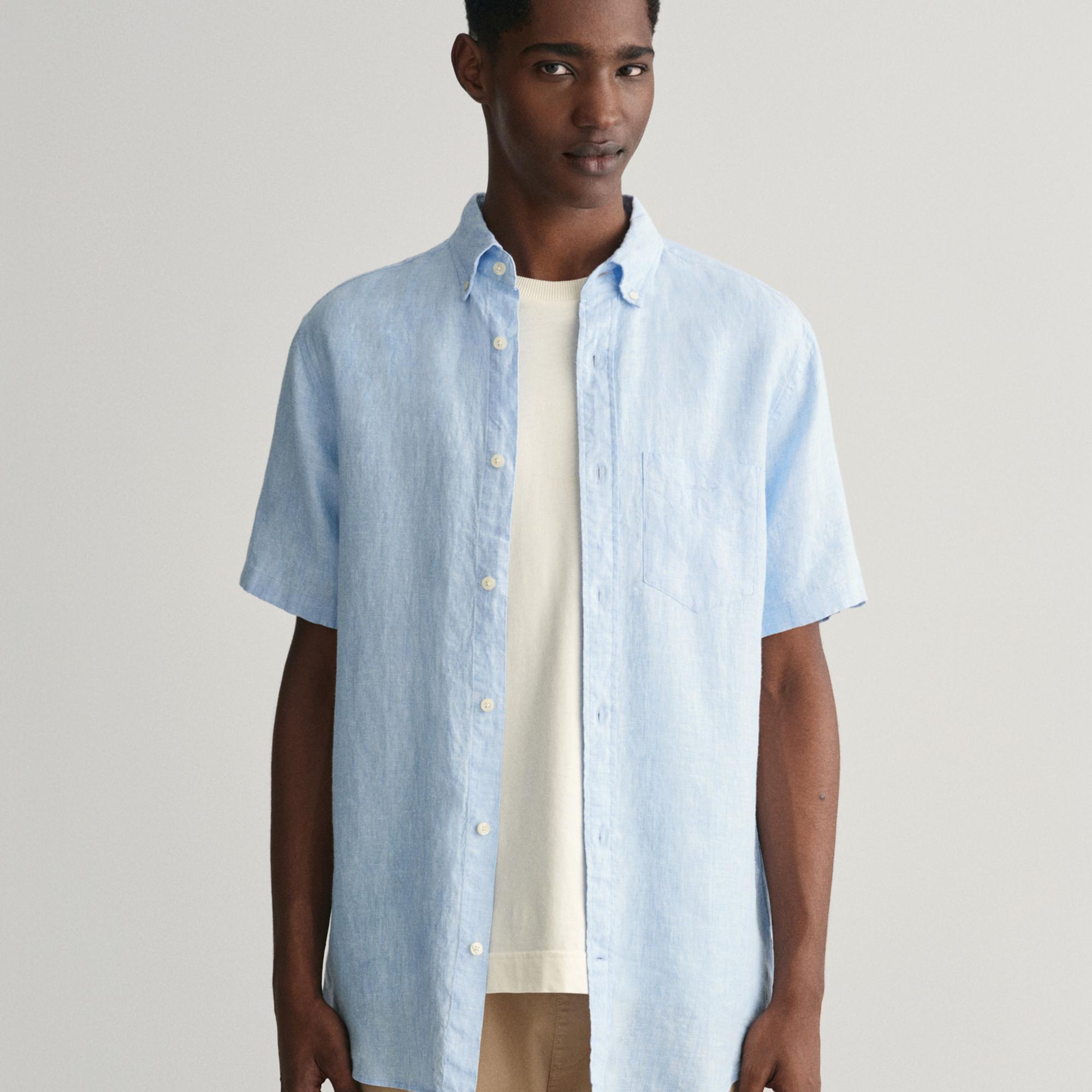 GANT Erkek Mavi Regular Fit Düğmeli Yaka Keten Gömlek