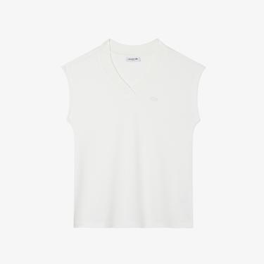  Lacoste Kadın Slim Fit V Yaka Beyaz T-Shirt