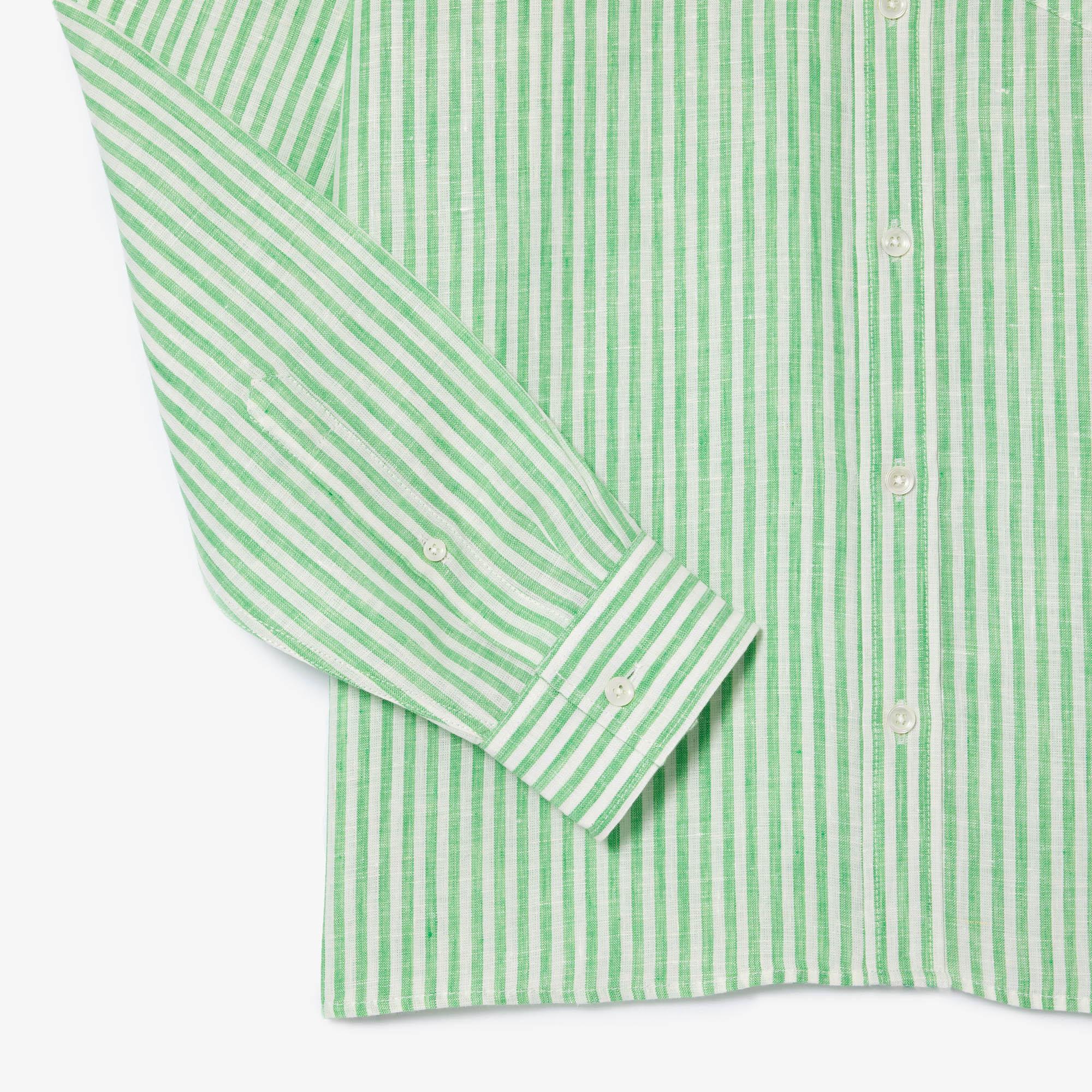 Lacoste Erkek Regular Fit Düğmeli Yaka Çizgili Keten Yeşil Gömlek