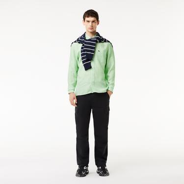  Erkek Regular Fit Düğmeli Yaka Çizgili Keten Yeşil Gömlek