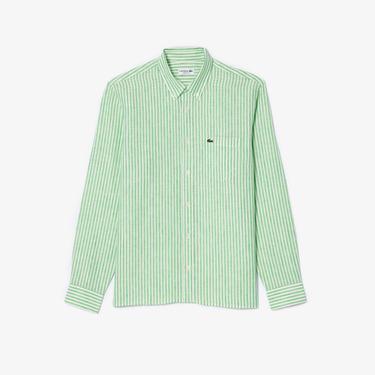  Erkek Regular Fit Düğmeli Yaka Çizgili Keten Yeşil Gömlek