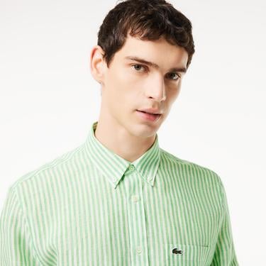  Erkek Regular Fit Düğmeli Yaka Çizgili Keten Yeşil Gömlek