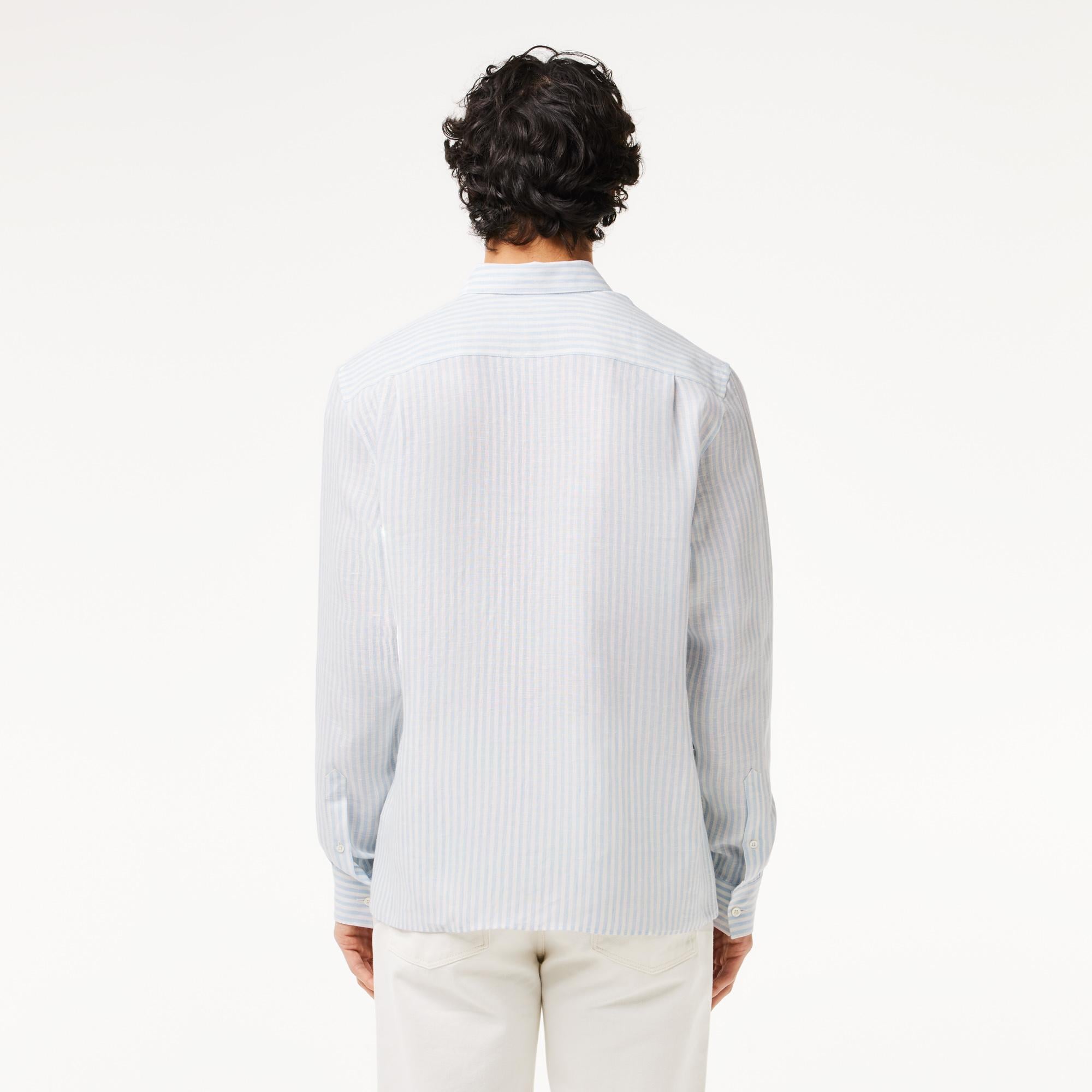 Erkek Regular Fit Düğmeli Yaka Çizgili Keten Açık Mavi Gömlek