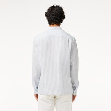  Erkek Regular Fit Düğmeli Yaka Çizgili Keten Açık Mavi Gömlek