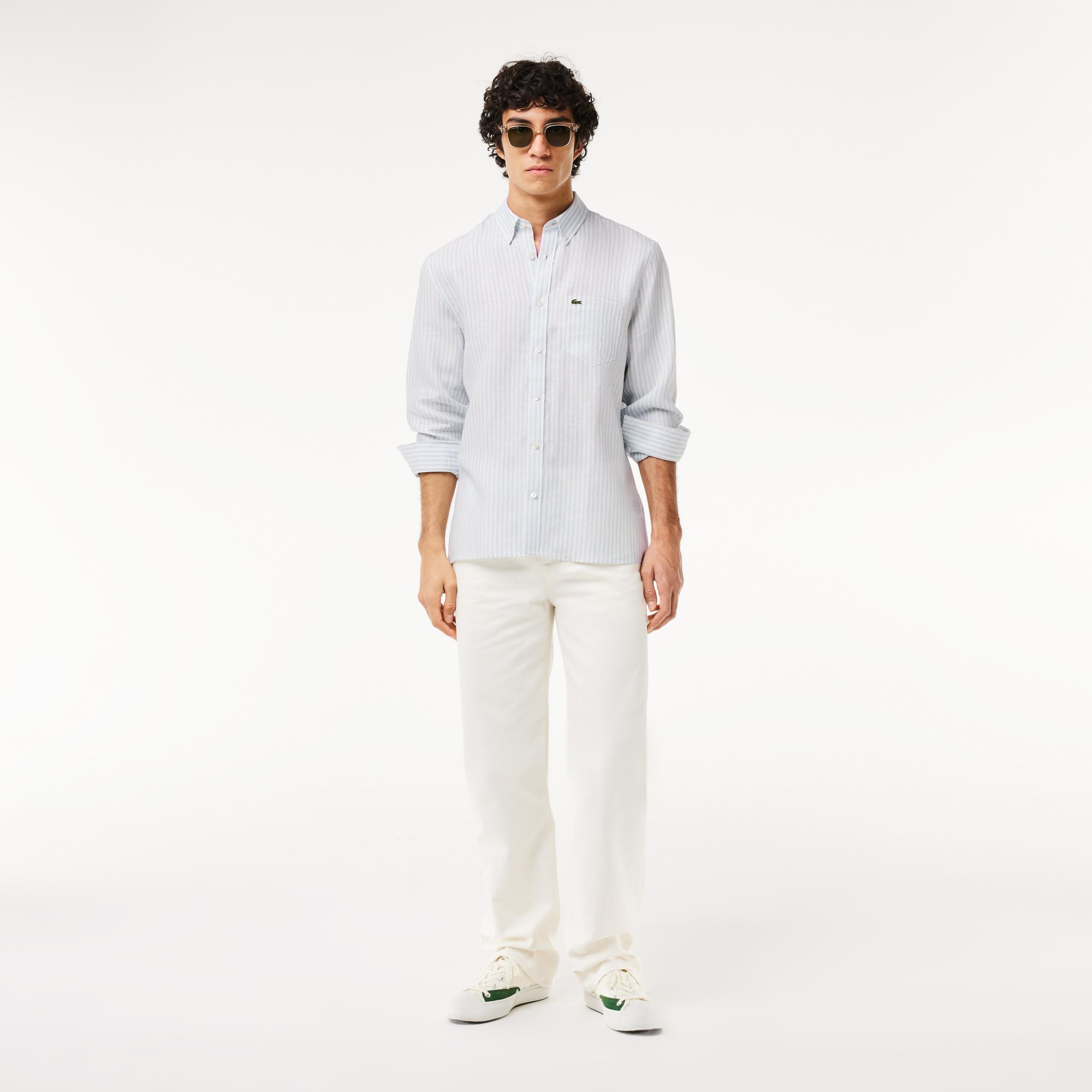 Erkek Regular Fit Düğmeli Yaka Çizgili Keten Açık Mavi Gömlek