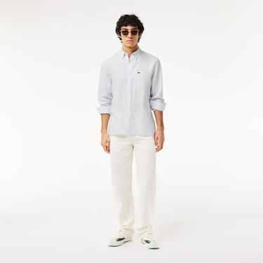  Erkek Regular Fit Düğmeli Yaka Çizgili Keten Açık Mavi Gömlek