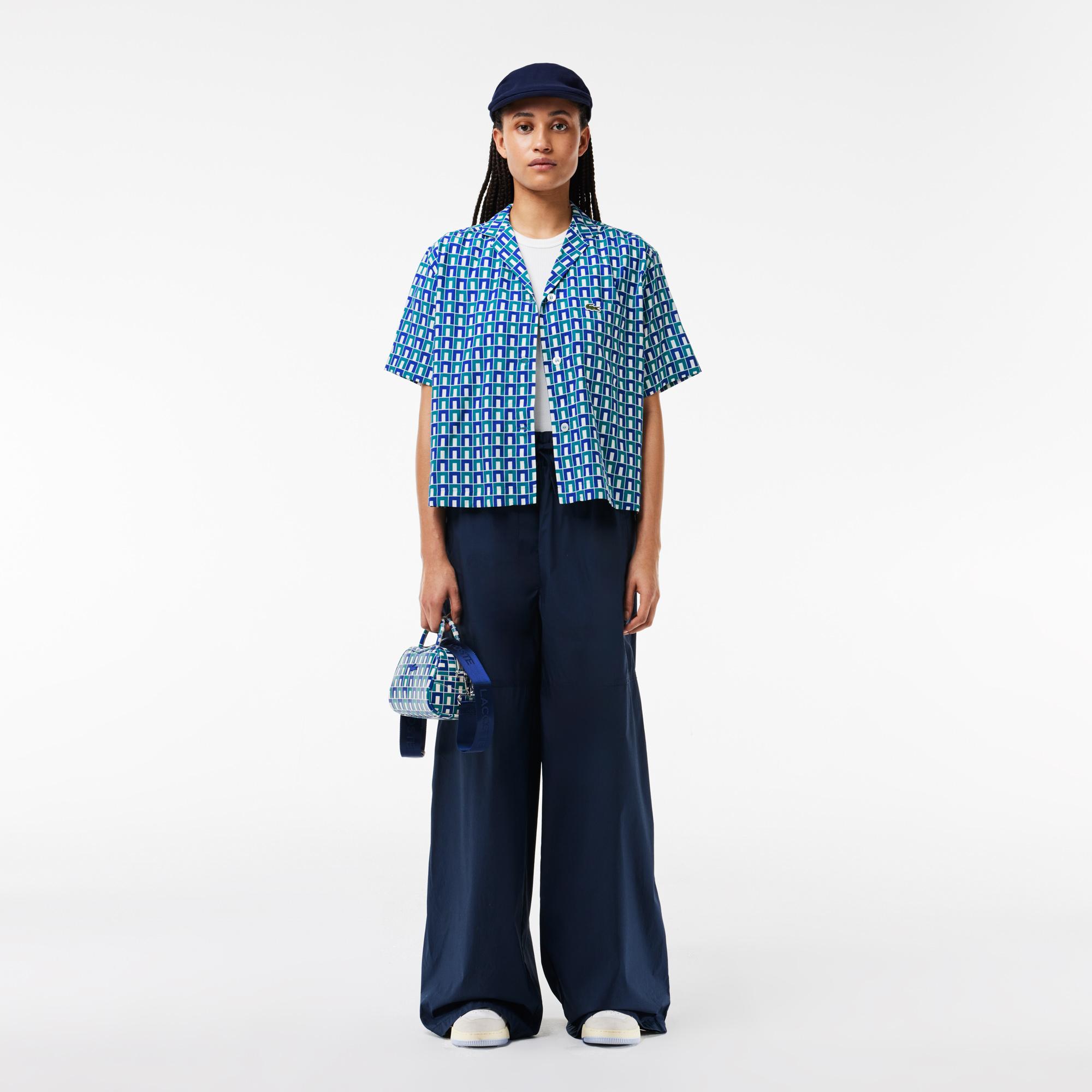 Kadın Relaxed Fit Kısa Kollu Monogram Mavi Gömlek