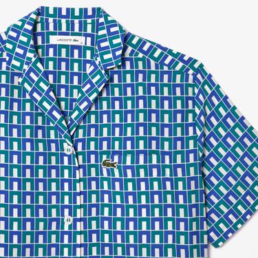  Kadın Relaxed Fit Kısa Kollu Monogram Mavi Gömlek