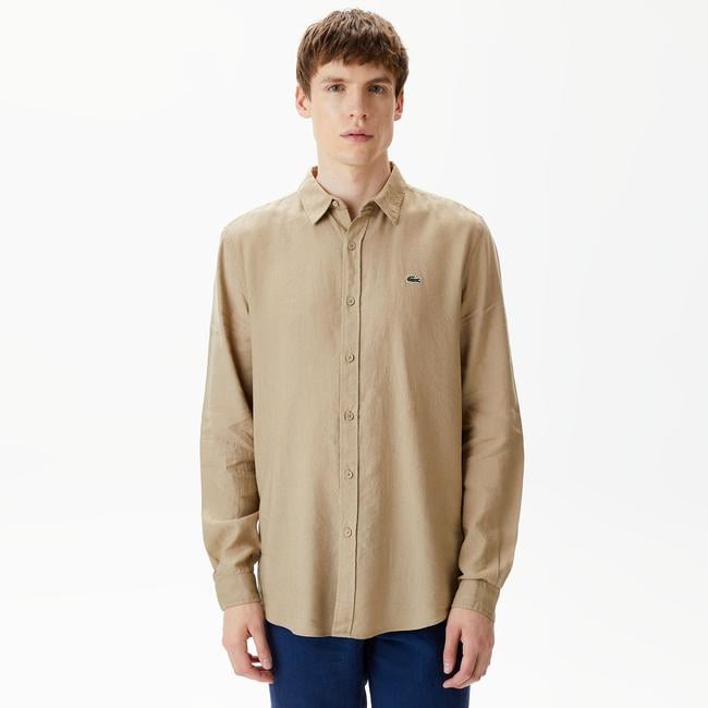  Lacoste Erkek Regular Fit Keten Bej Gömlek