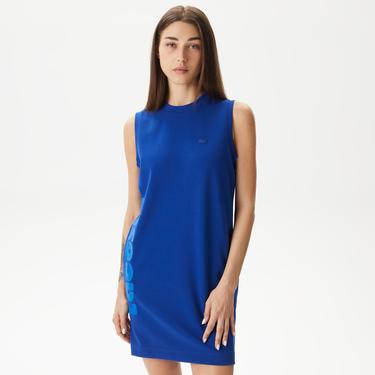  Kadın Straight Fit Kolsuz Baskılı Mavi Elbise