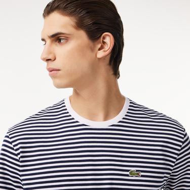  Lacoste Erkek Classic Fit Bisiklet Yaka Çizgili Beyaz T-Shirt