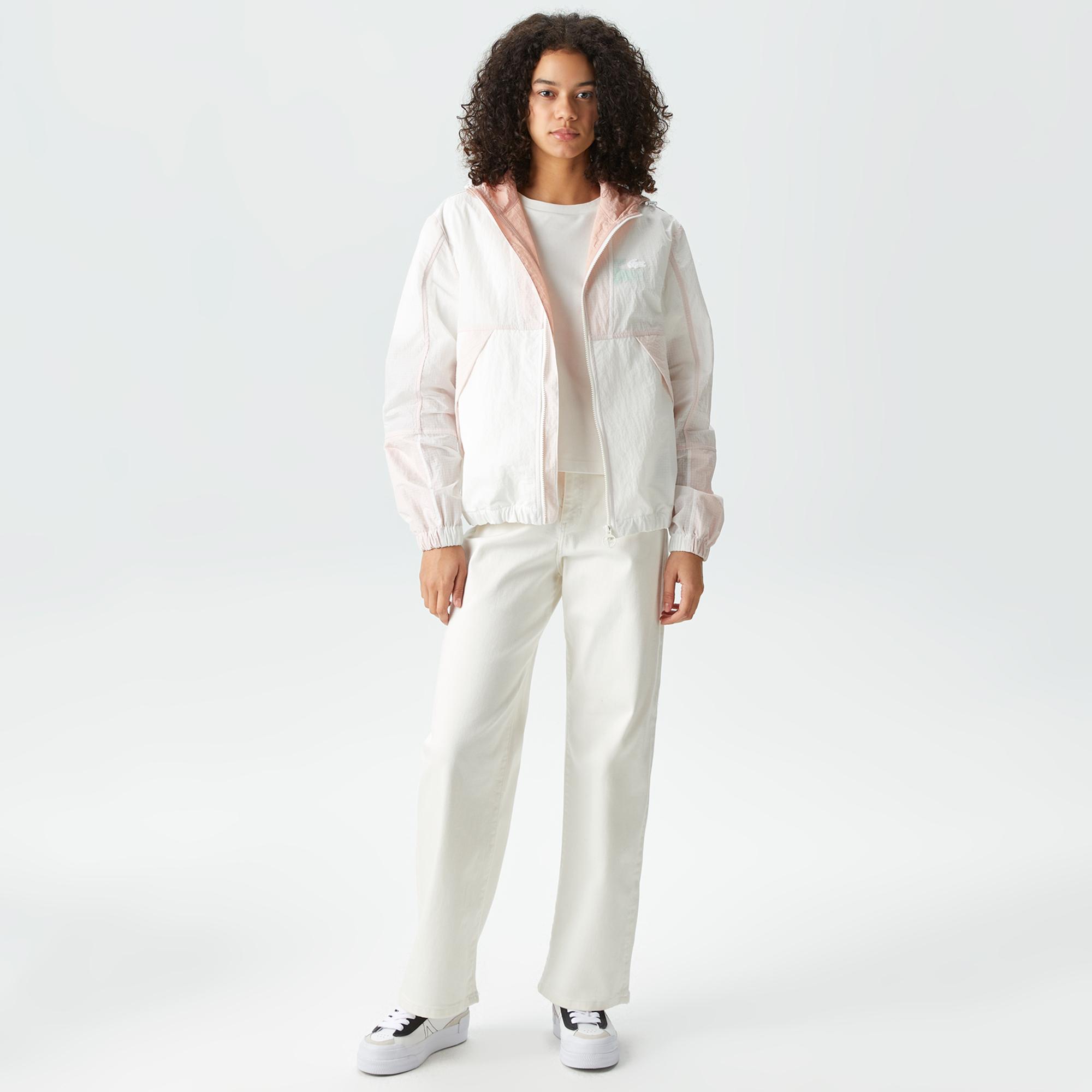 Kadın Kapüşonlu Renk Bloklu Beyaz Mont