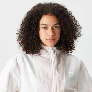  Kadın Kapüşonlu Renk Bloklu Beyaz Mont