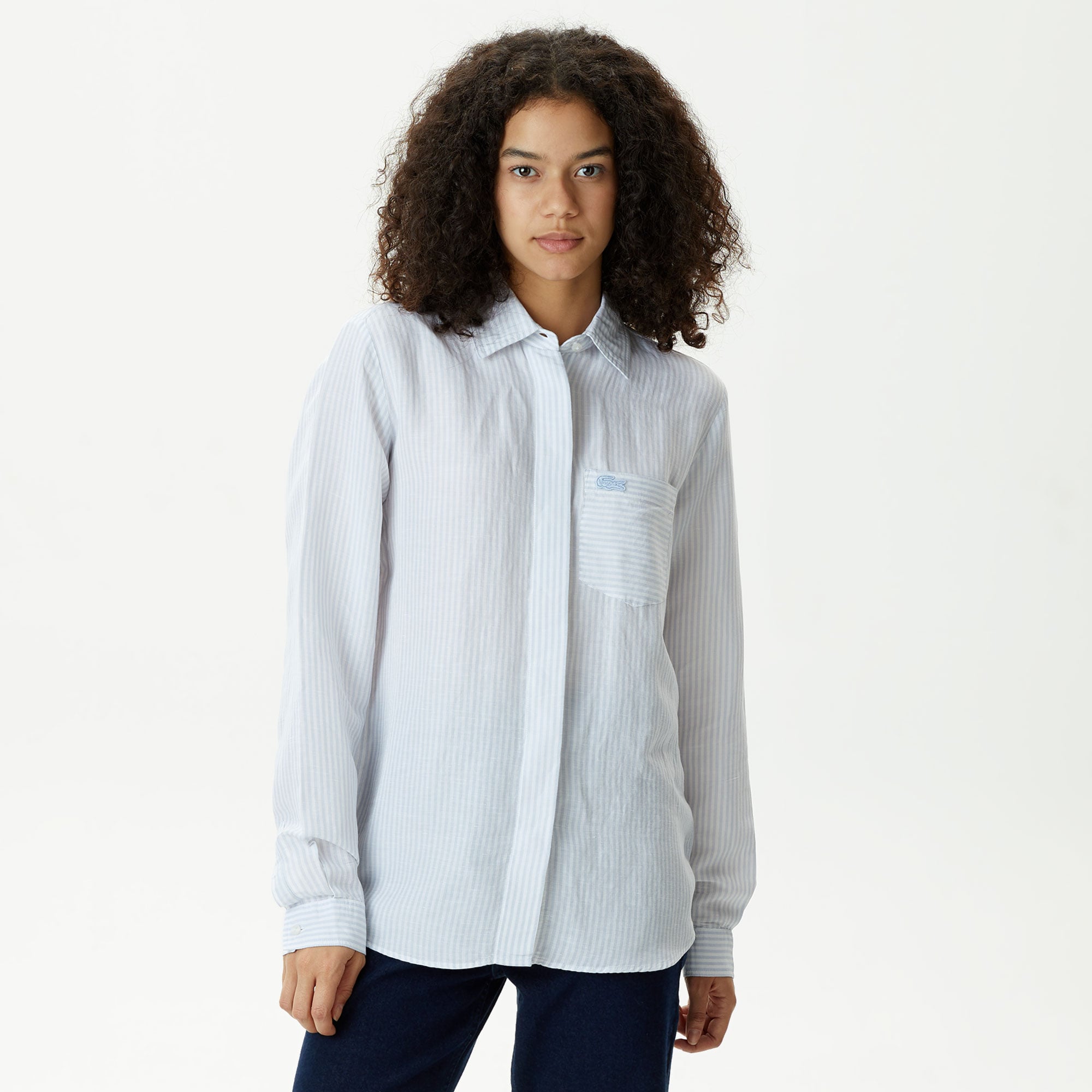  Kadın Relaxed Fit Çizgili Mavi Gömlek