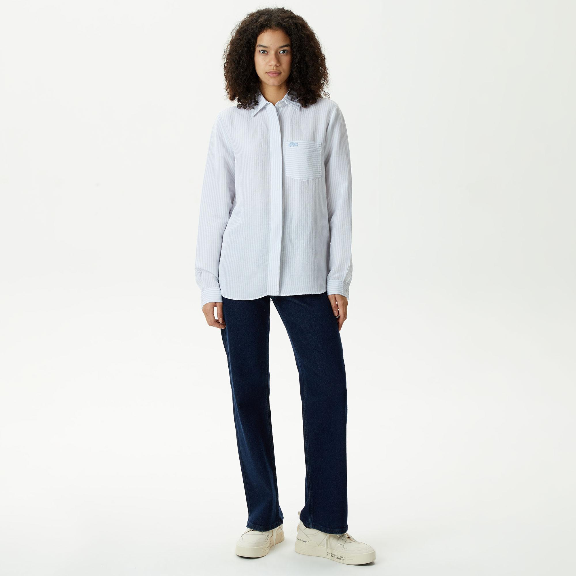 Kadın Relaxed Fit Çizgili Mavi Gömlek