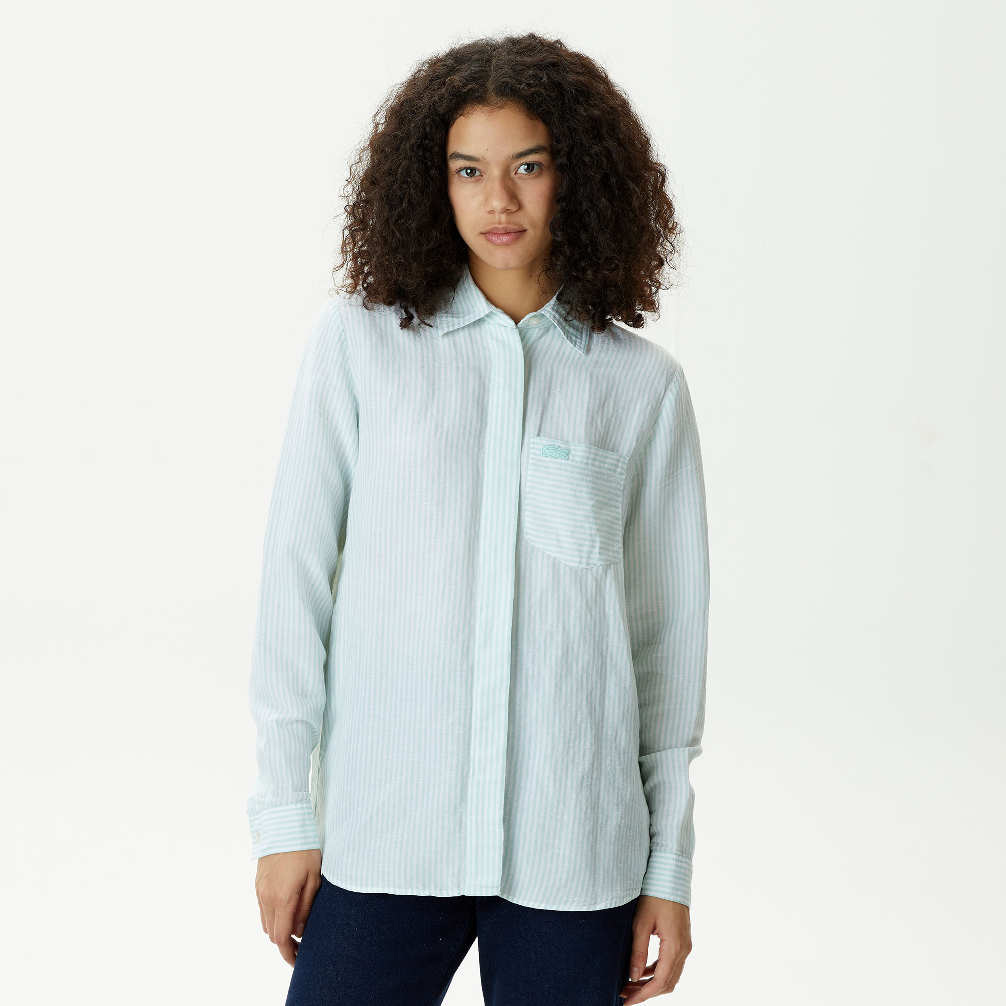  Kadın Relaxed Fit Çizgili Yeşil Gömlek