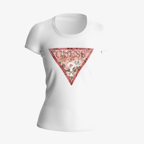  Guess Ss Rn Satin Triangle Kadın Beyaz T-Shirt