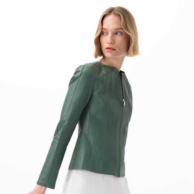  Deundria Yeşil Kadın Fit Panelli Deri Ceket