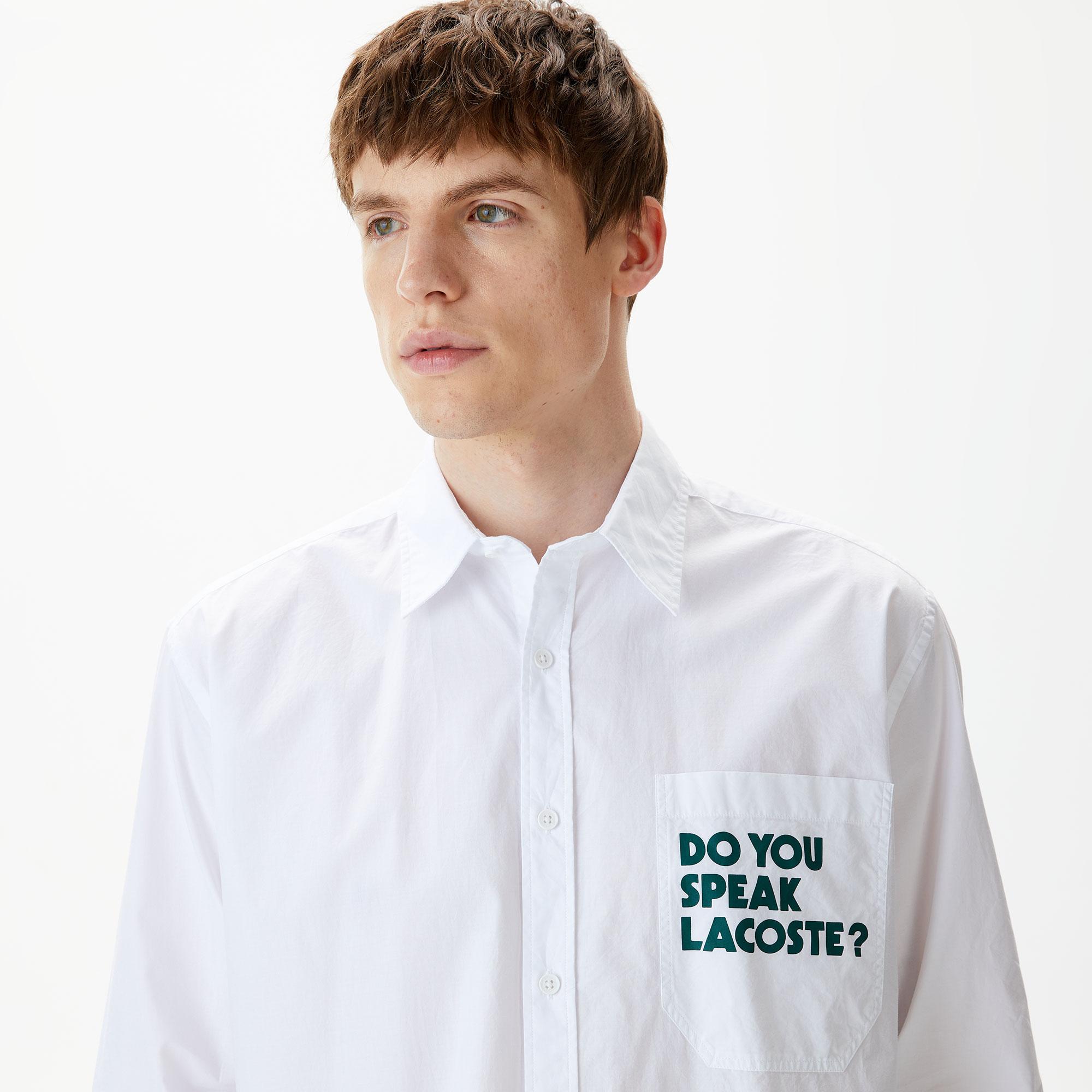 Erkek Loose Fit Baskılı Beyaz Gömlek