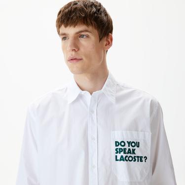  Erkek Loose Fit Baskılı Beyaz Gömlek