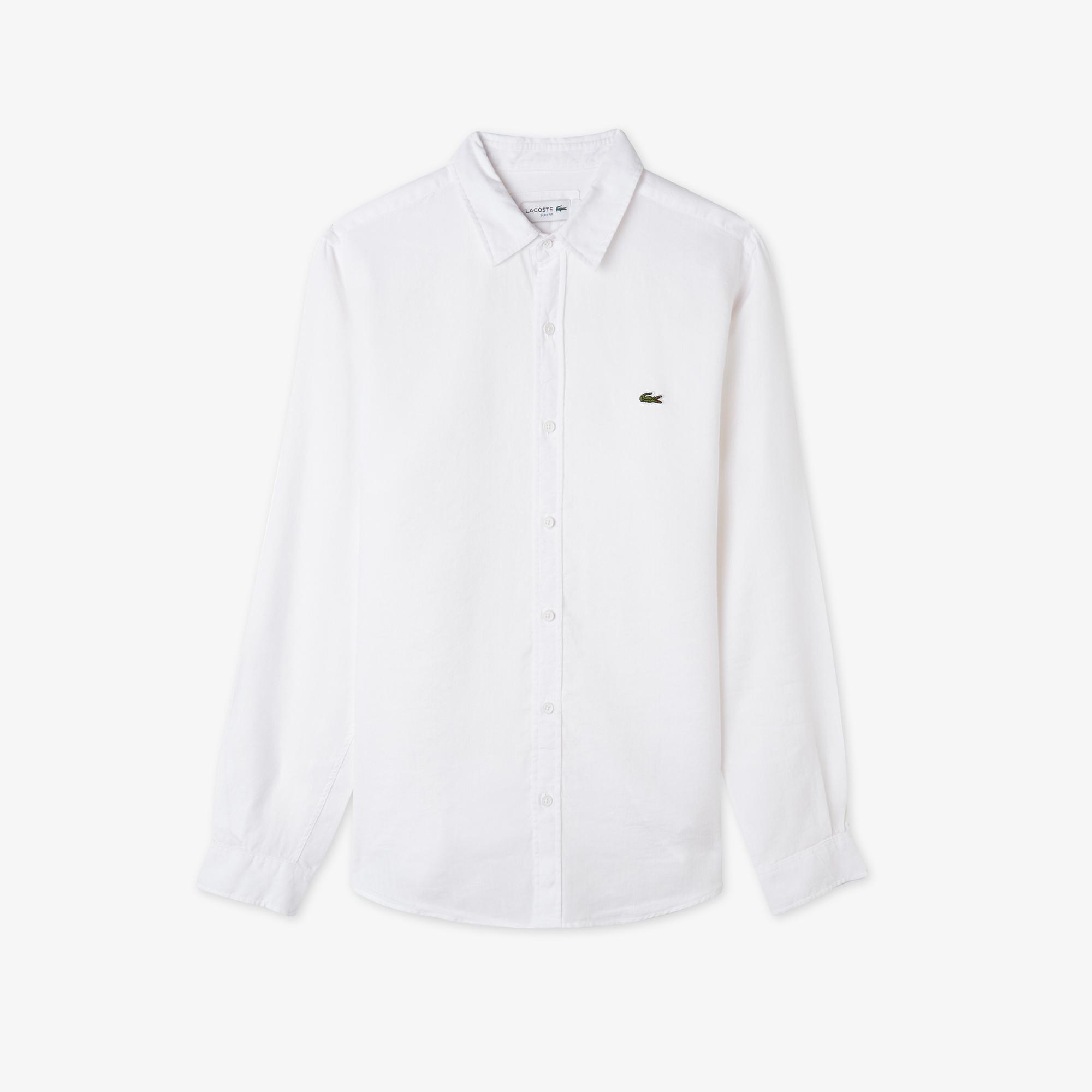 Lacoste Erkek Slim Fit Keten Beyaz Gömlek