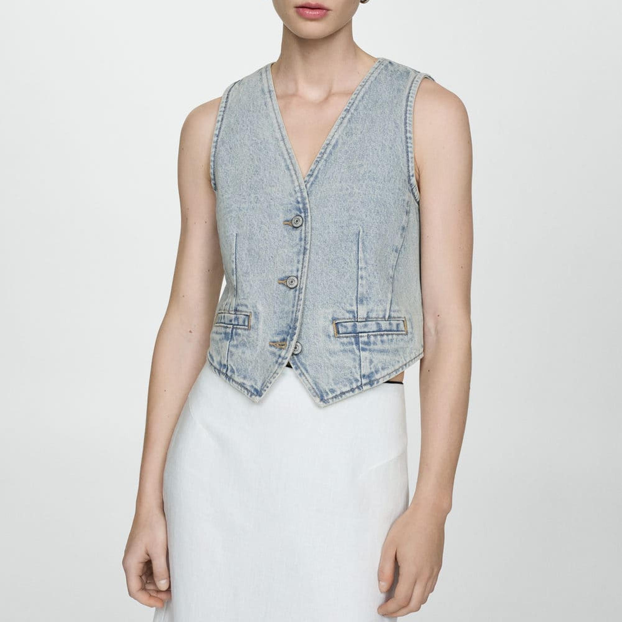 Mango Kadın Dikişli Denim Yelek Orta Vintage Mavi