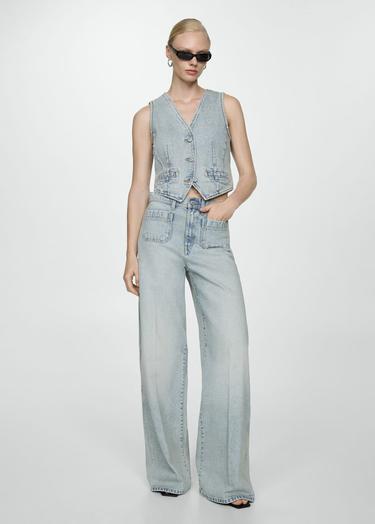  Mango Kadın Dikişli Denim Yelek Orta Vintage Mavi