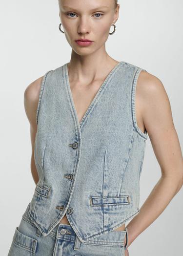  Mango Kadın Dikişli Denim Yelek Orta Vintage Mavi