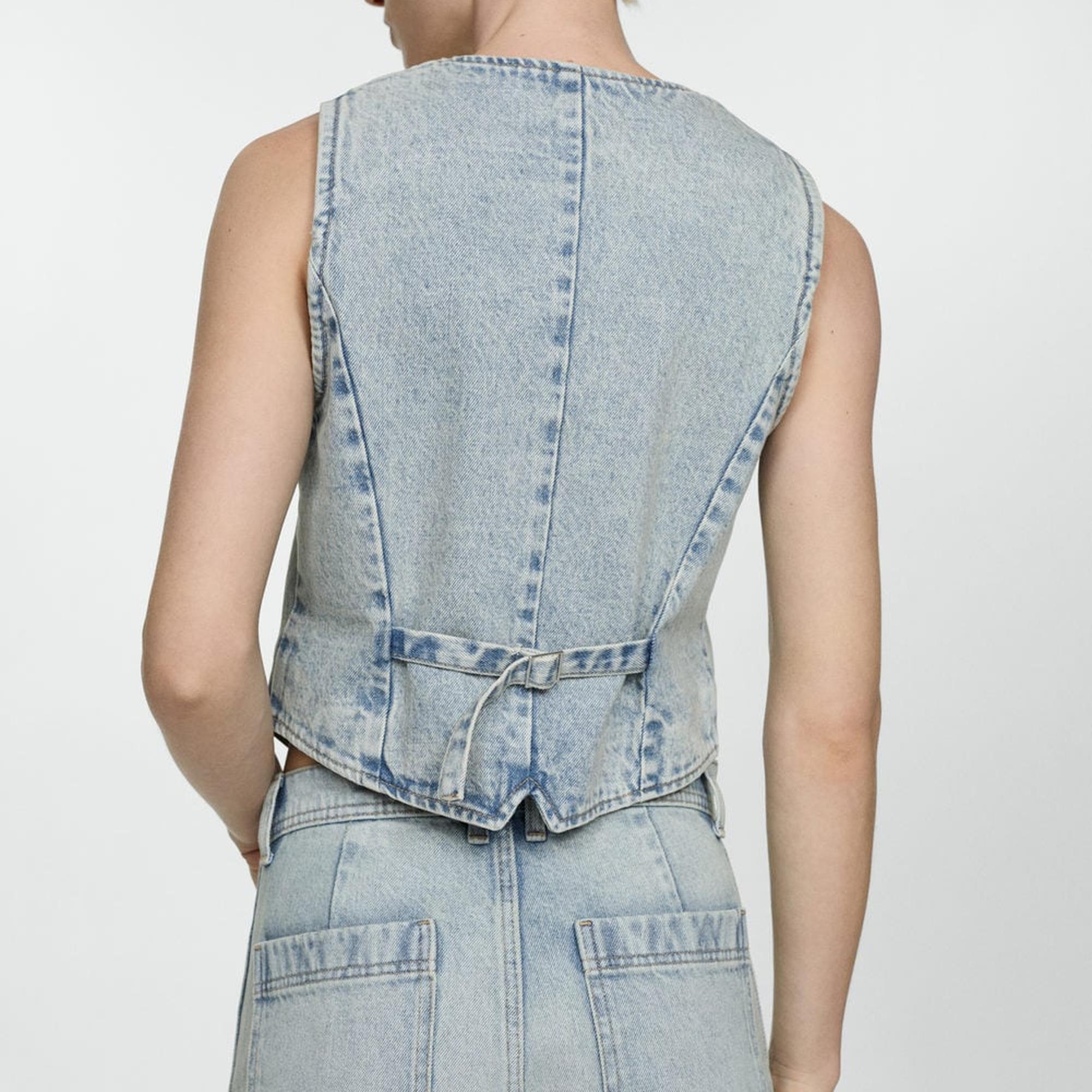 Mango Kadın Dikişli Denim Yelek Orta Vintage Mavi