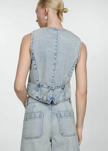  Mango Kadın Dikişli Denim Yelek Orta Vintage Mavi