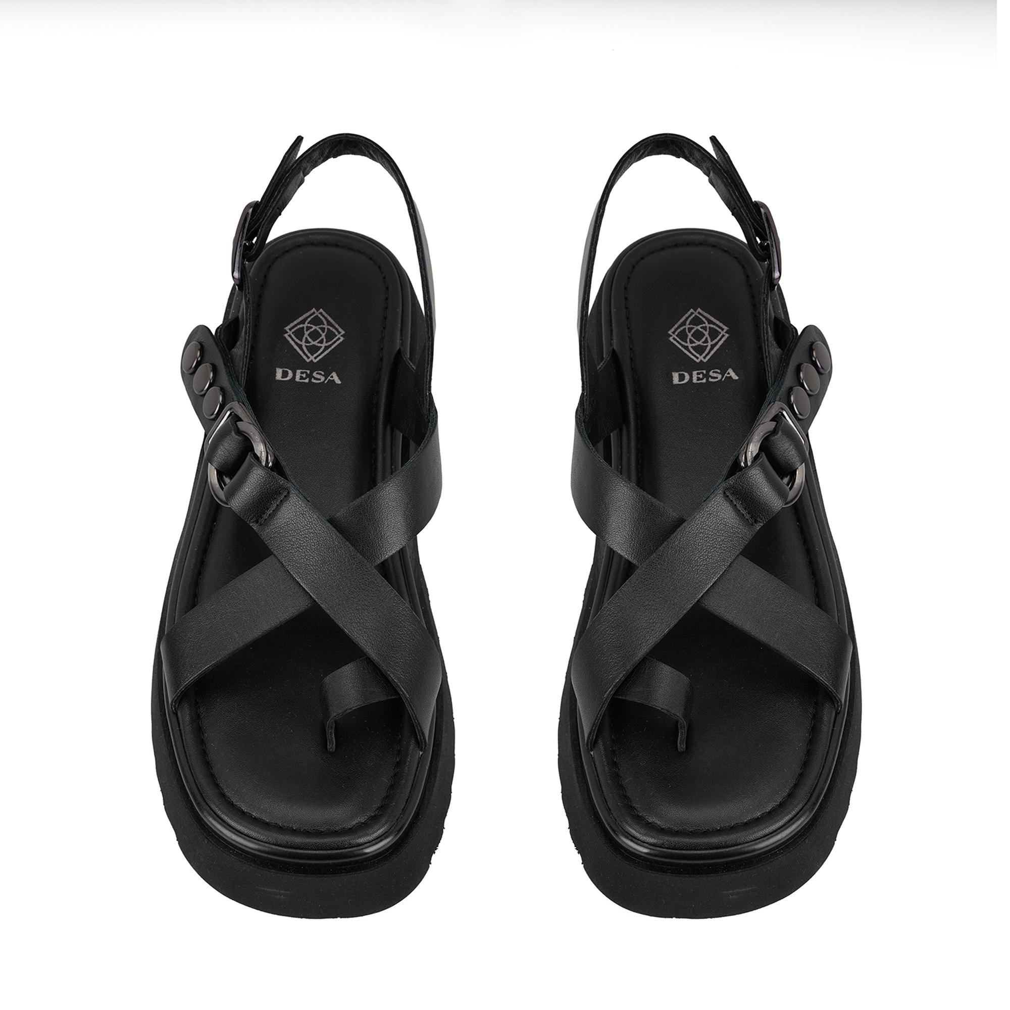 Kadın Siyah Ayarlanabilir Tokalı Deri Sandalet