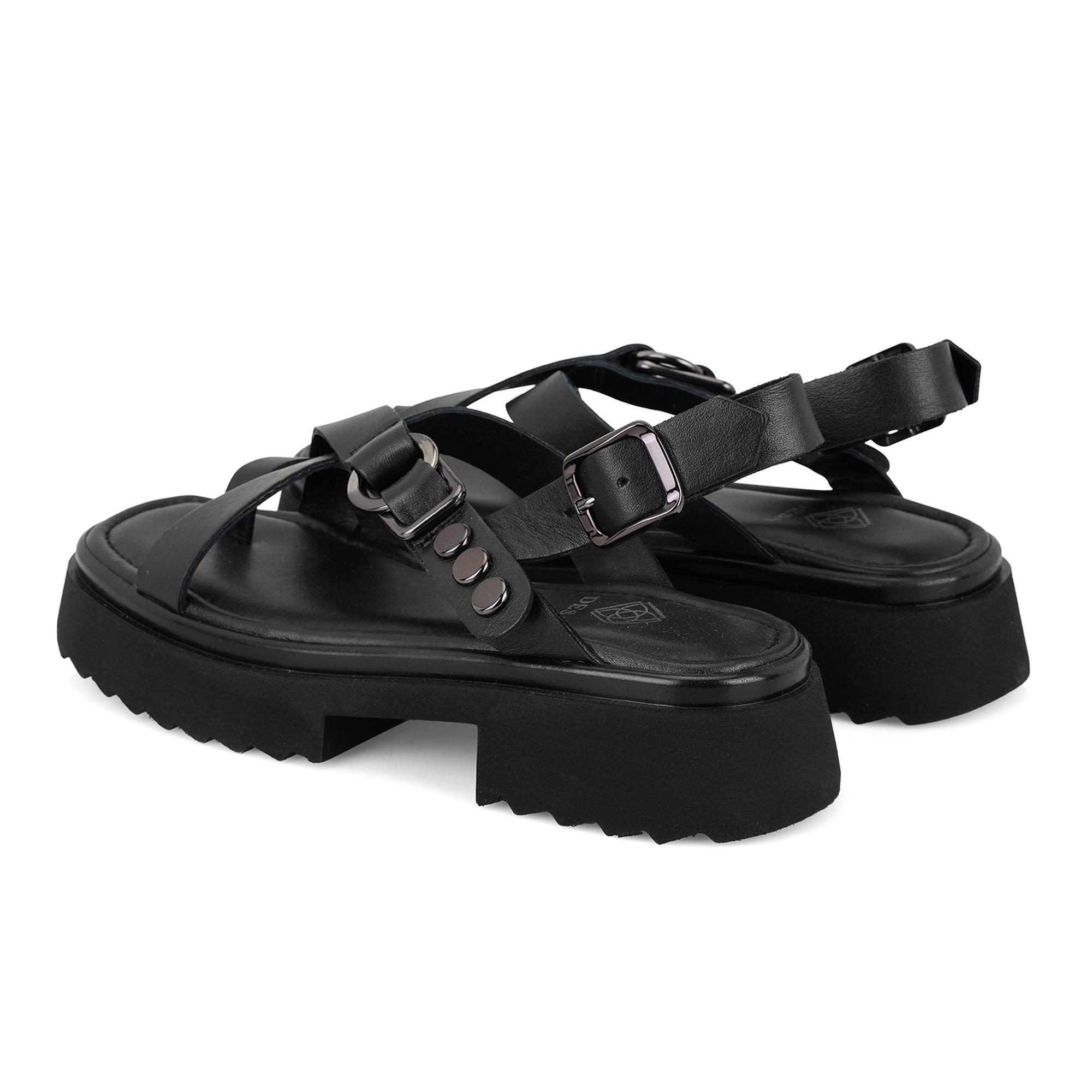 Kadın Siyah Ayarlanabilir Tokalı Deri Sandalet