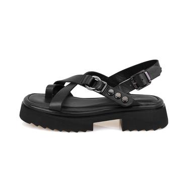  Kadın Siyah Ayarlanabilir Tokalı Deri Sandalet