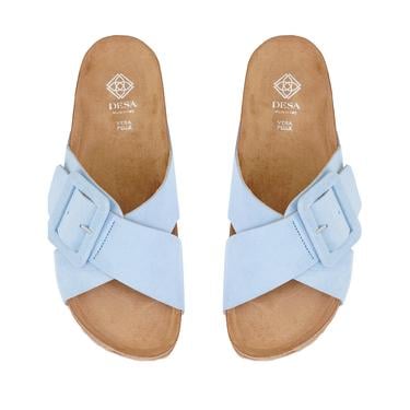  Kadın Mavi Ayarlanabilir Tokalı Süet Deri Terlik