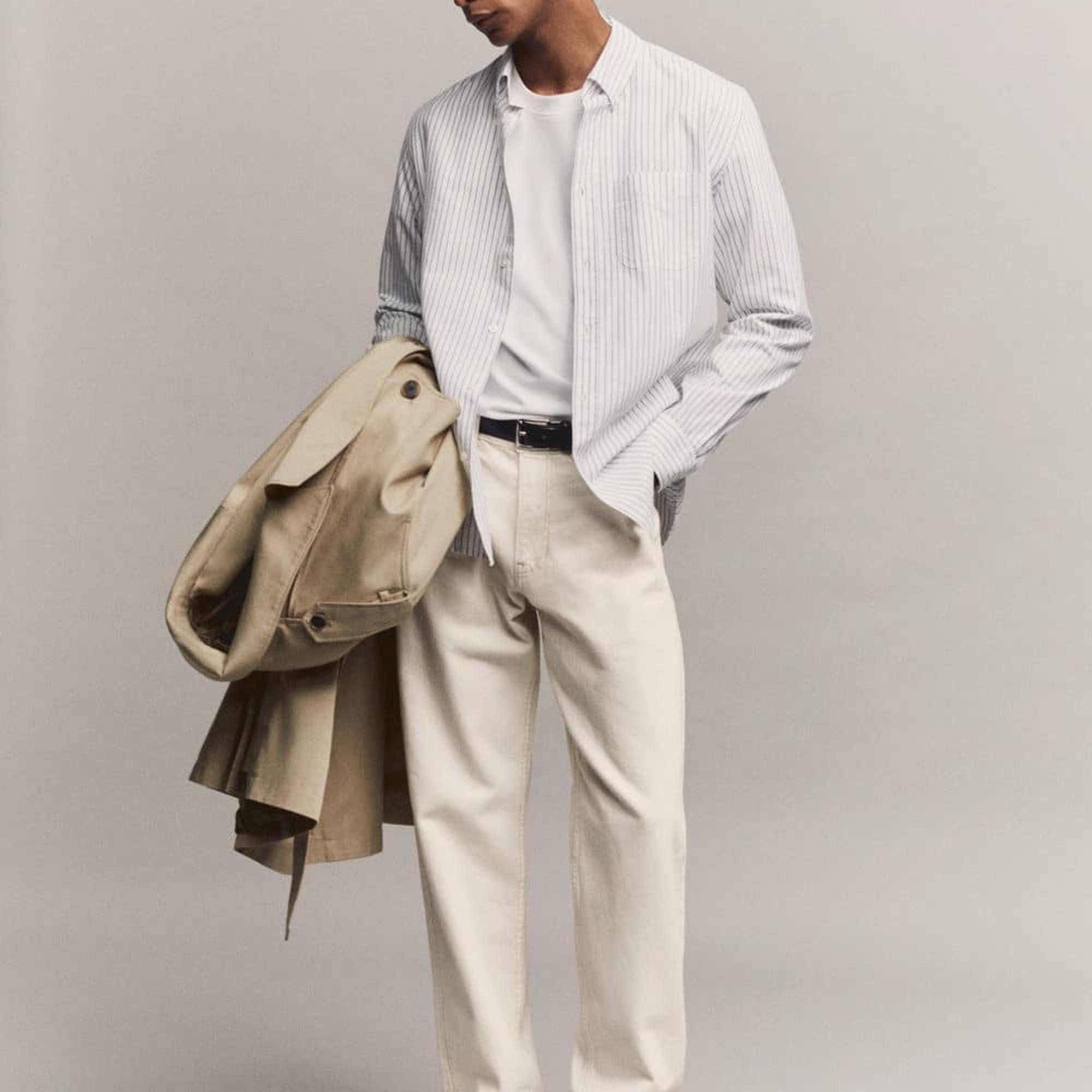 Mango Erkek %100 Pamuklu Kodak Çizgili Gömlek Beyaz