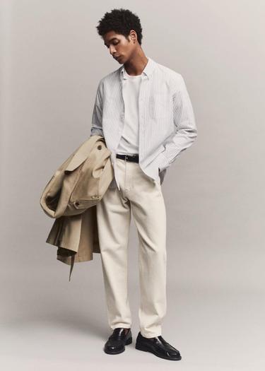  Mango Erkek %100 Pamuklu Kodak Çizgili Gömlek Beyaz