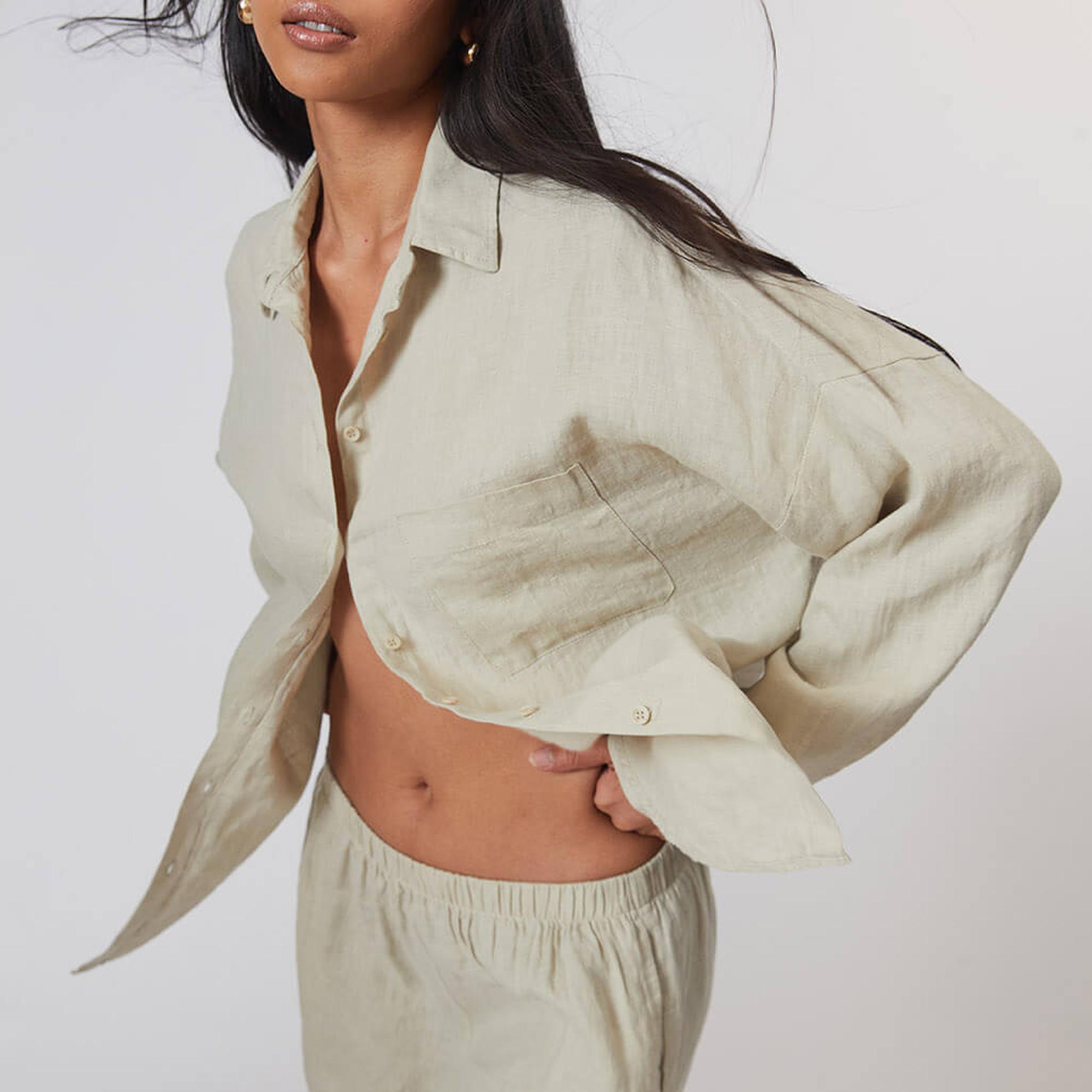 %100 Keten Oversize Gömlek